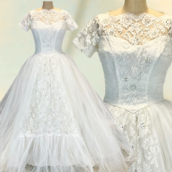 VINTAGE mid century MCM MOD wedding dress bridal‎ gown cupcake tulle lace poofy